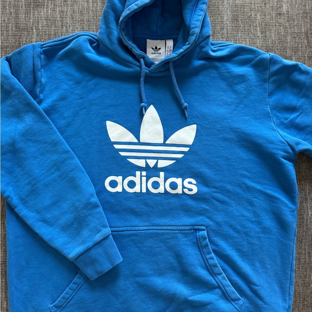 Adidas Men's Blue Hoodie with White Logo French Terry